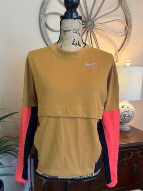 Nike Running Women’s Mustard Pullover Hoodie with Orange and Black Sleeve Panel